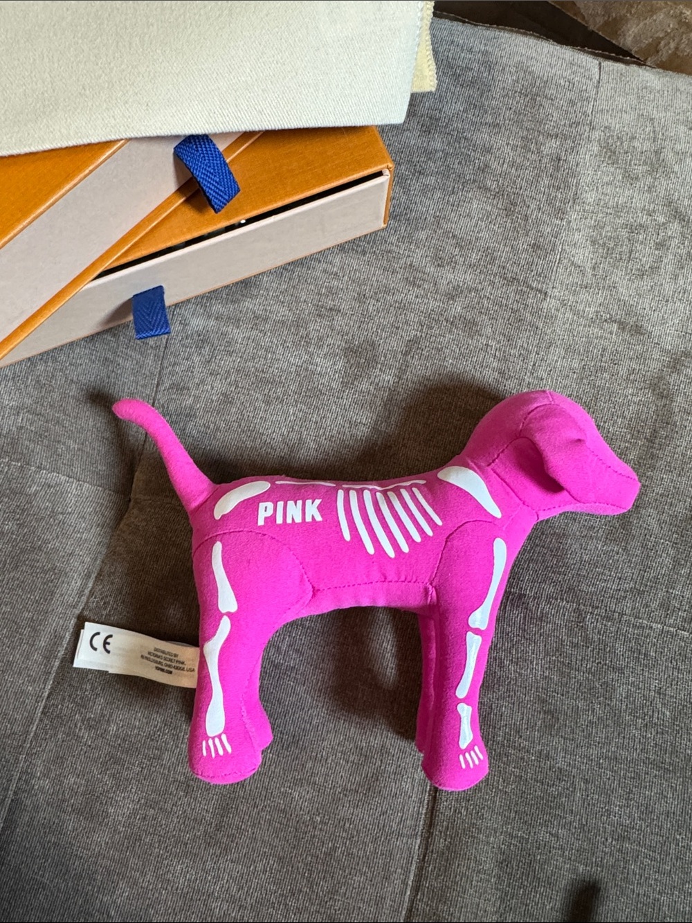 PINK Victoria's Secret Hot Pink Plush Dog Toy with White Skeleton Print